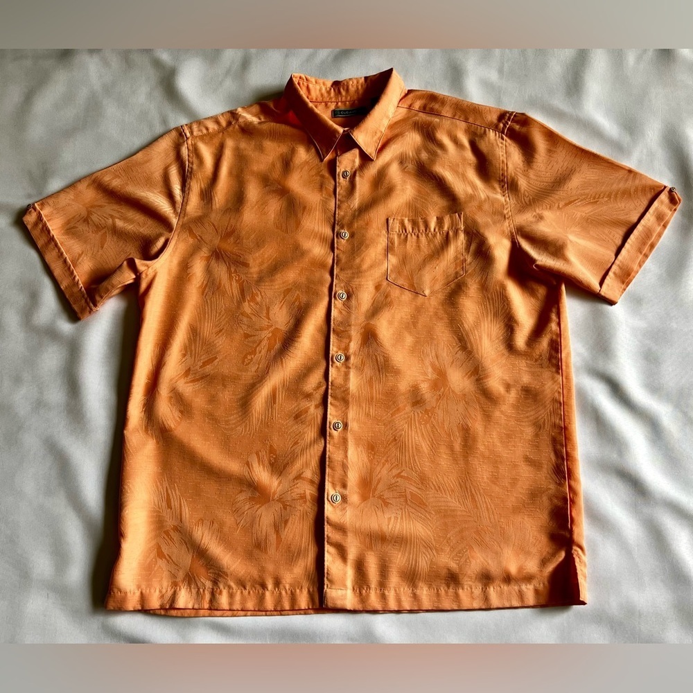Cubavera Men’s Orange Subtle Hibiscus Print Hawaiian Short Sleeve Button Size XL